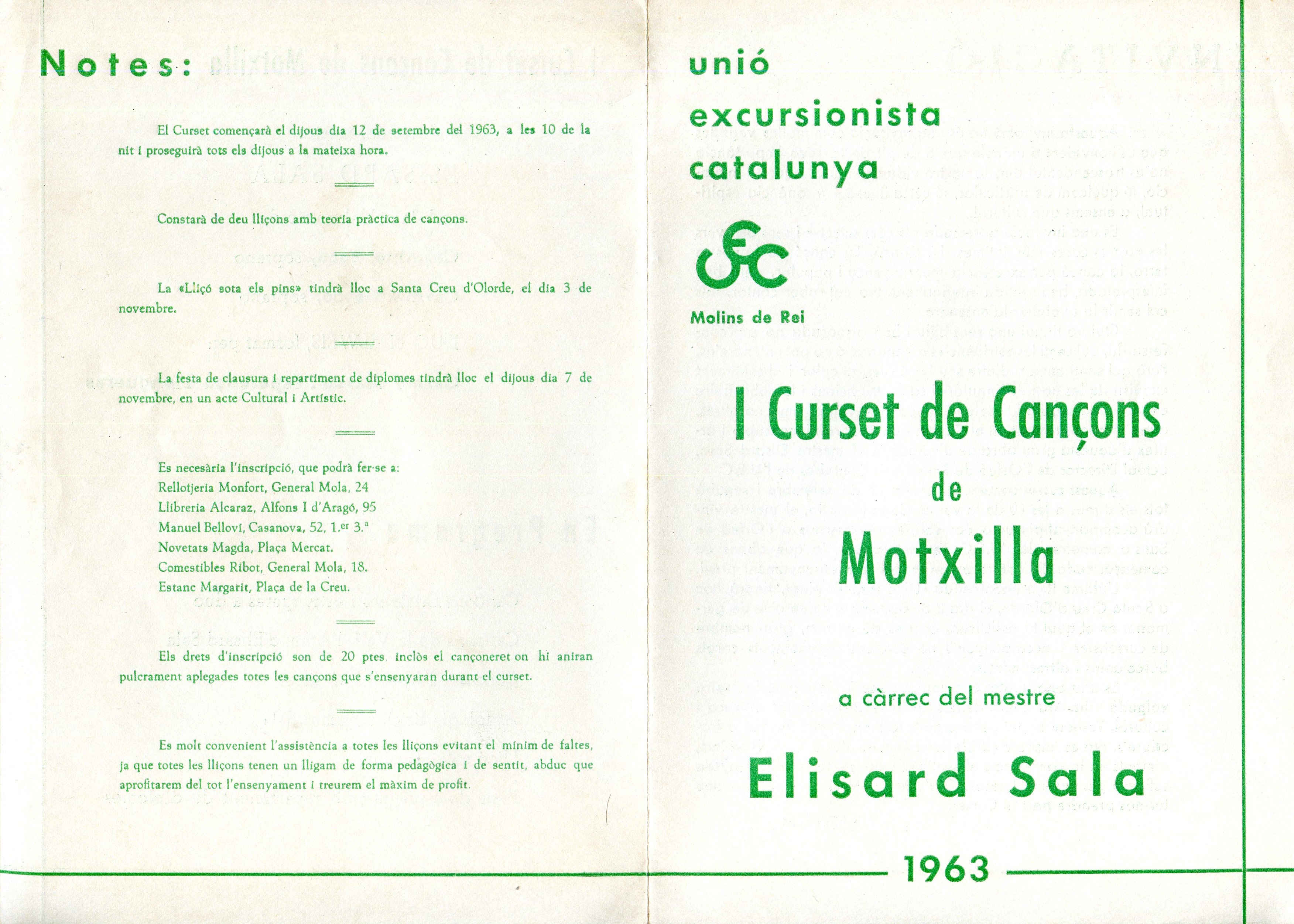 I Curset de Cançons de Motxilla : a càrrec del mestre Elisard Sala : 1963 - Portada